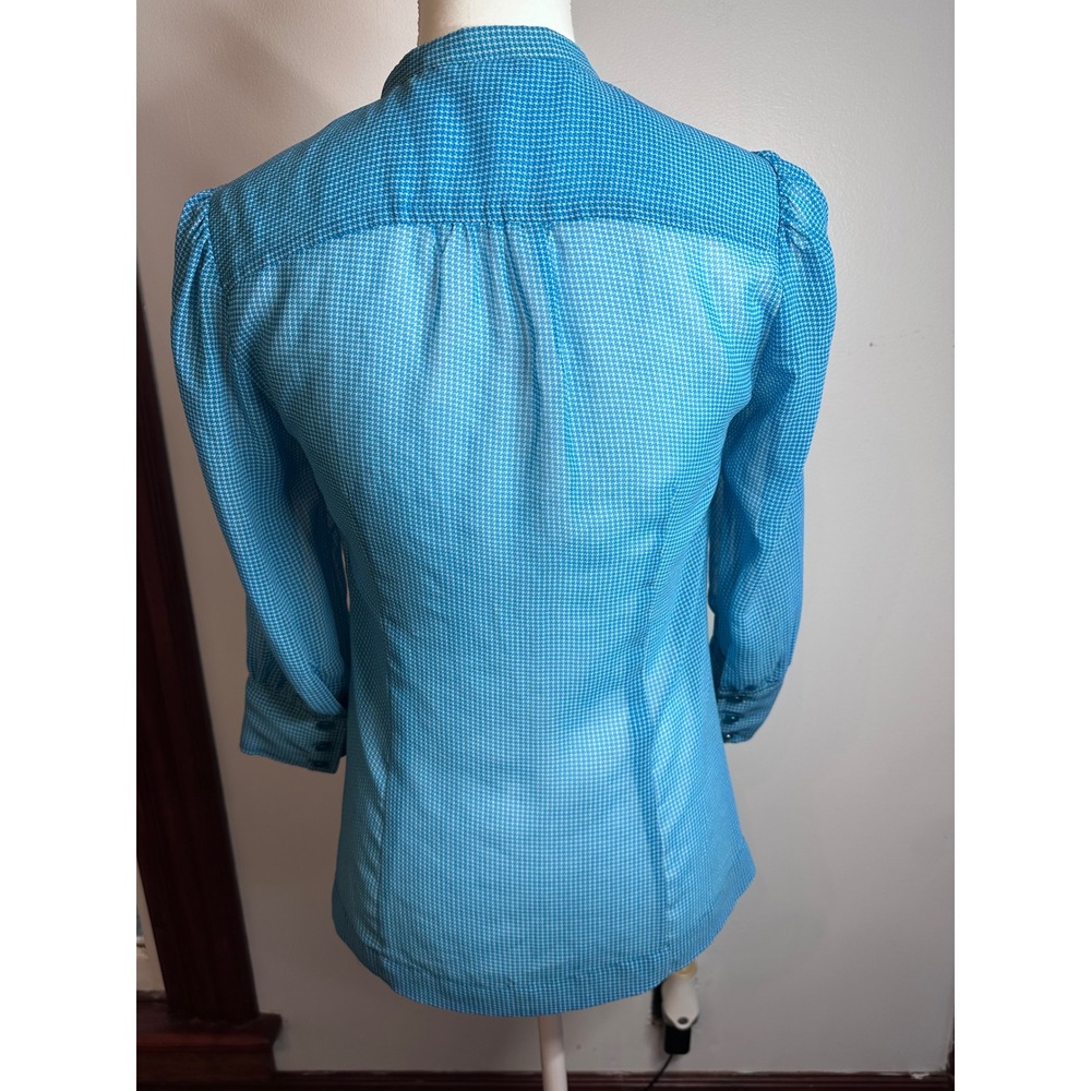 Banana Republic Turquoise Houndstooth Ruffle Front Blouse 3/4 Sleeve Size 2 - Picture 3 of 8